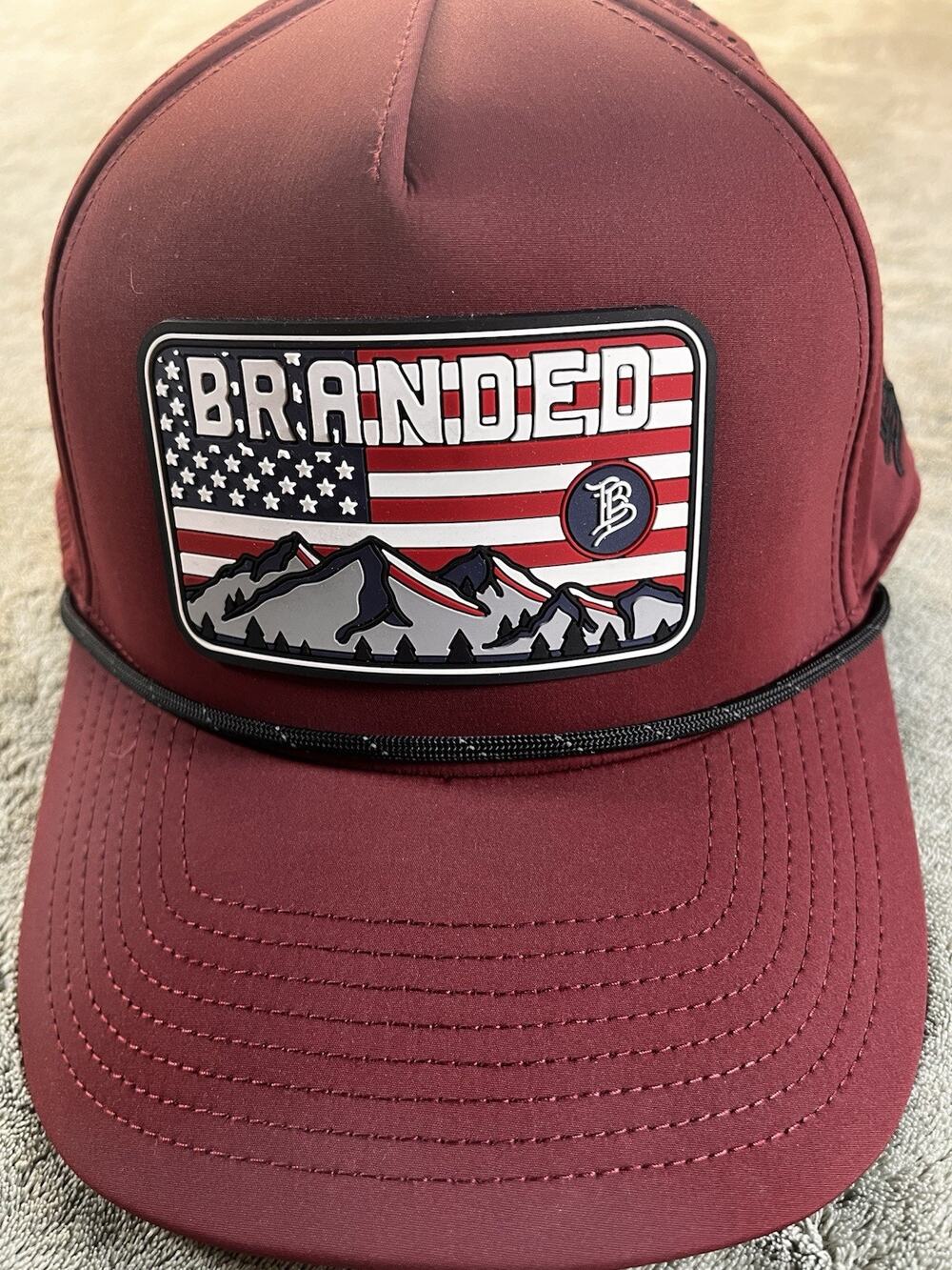 Branded Bills Burgundy Adjustable Baseball Cap USA Flag Mountains Patch